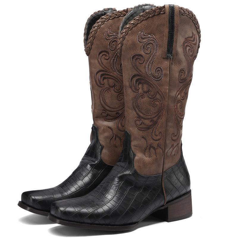 Rustic Western Braided Boots – Retro Cowboy Style with Snakeskin Detailing - Rustic Avenue