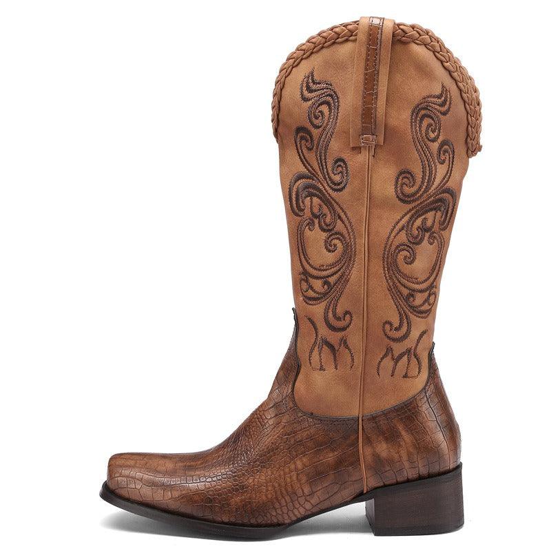 Rustic Western Braided Boots – Retro Cowboy Style with Snakeskin Detailing - Rustic Avenue