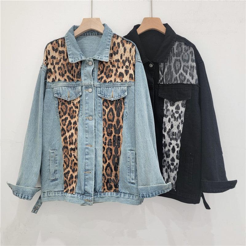 Wild Leopard Denim Jacket Top – Stylish Cowgirl Fashion with Leopard Print and Sequins - Rustic Avenue