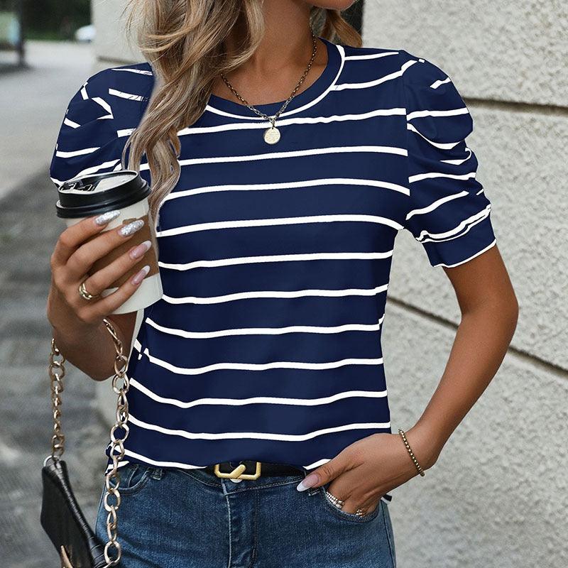 Puff Sleeve Stripes Tee - Stylish Casual Striped Shirt for Women - Rustic Avenue