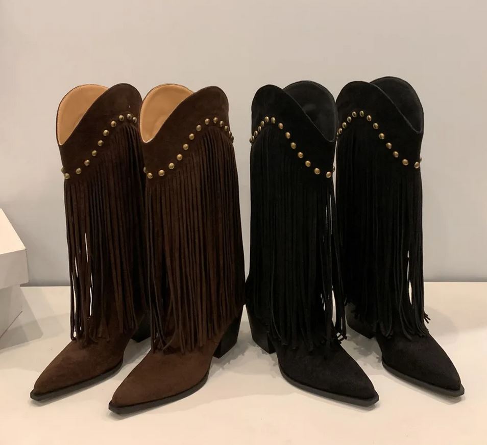 Riveted Fringe Mid - Calf Boots – Stylish Cowgirl Boots with Brass Rivets - Rustic Avenue