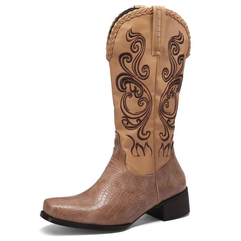 Rustic Western Braided Boots – Retro Cowboy Style with Snakeskin Detailing - Rustic Avenue