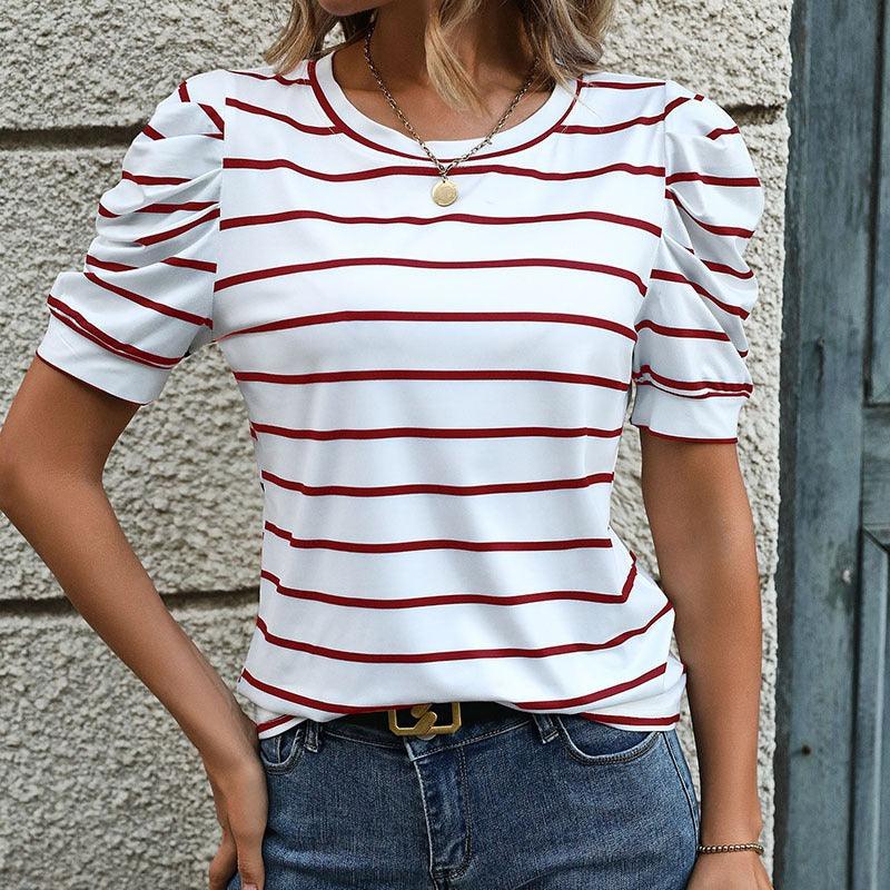 Puff Sleeve Stripes Tee - Stylish Casual Striped Shirt for Women - Rustic Avenue