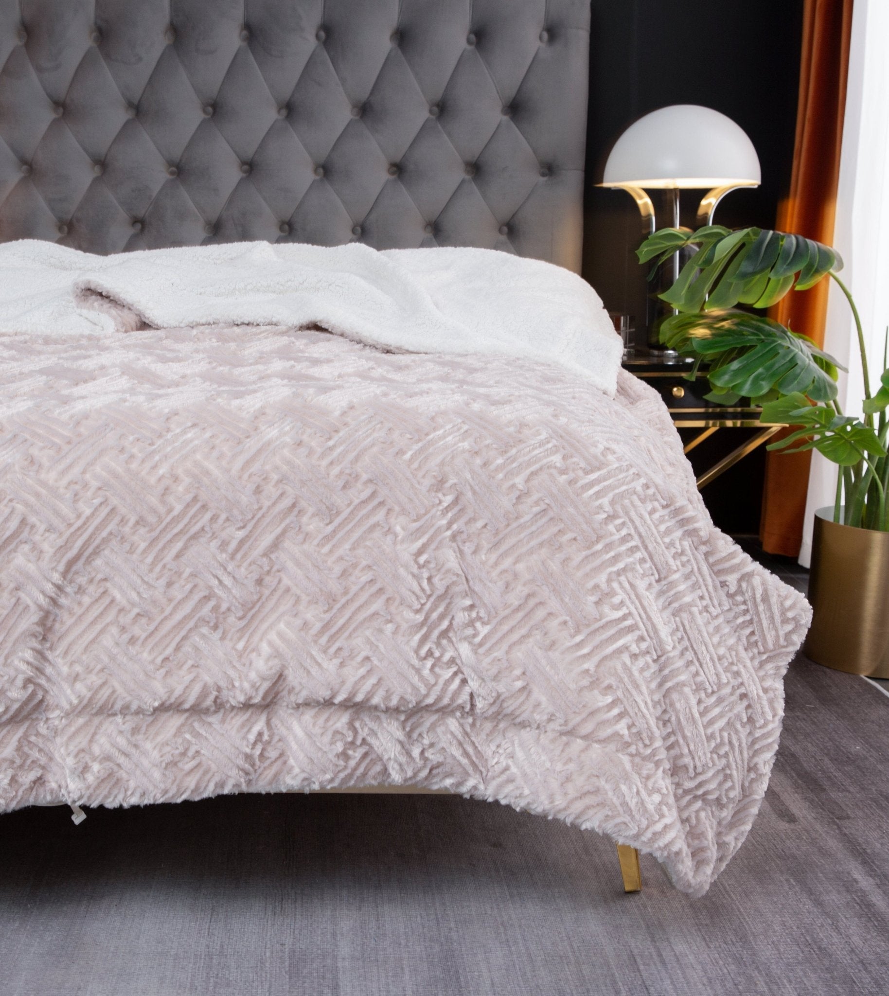 DaDalogy Bedding Lavender Grey Faux Fur Throw Blanket - Dreamy Geometric Embossed Sherpa Backside - Super Soft Warm Cozy Plush Fluffy - Rustic Avenue