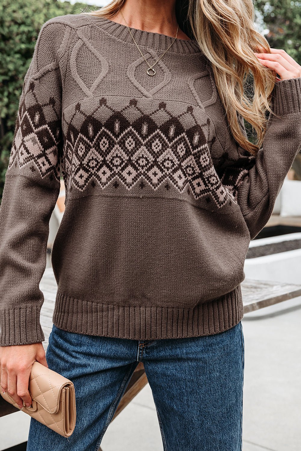 Alana Western Geometric Patterned Crew Neck Knitted Sweater - Rustic Avenue