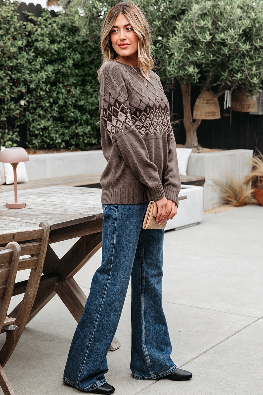 Alana Western Geometric Patterned Crew Neck Knitted Sweater - Rustic Avenue