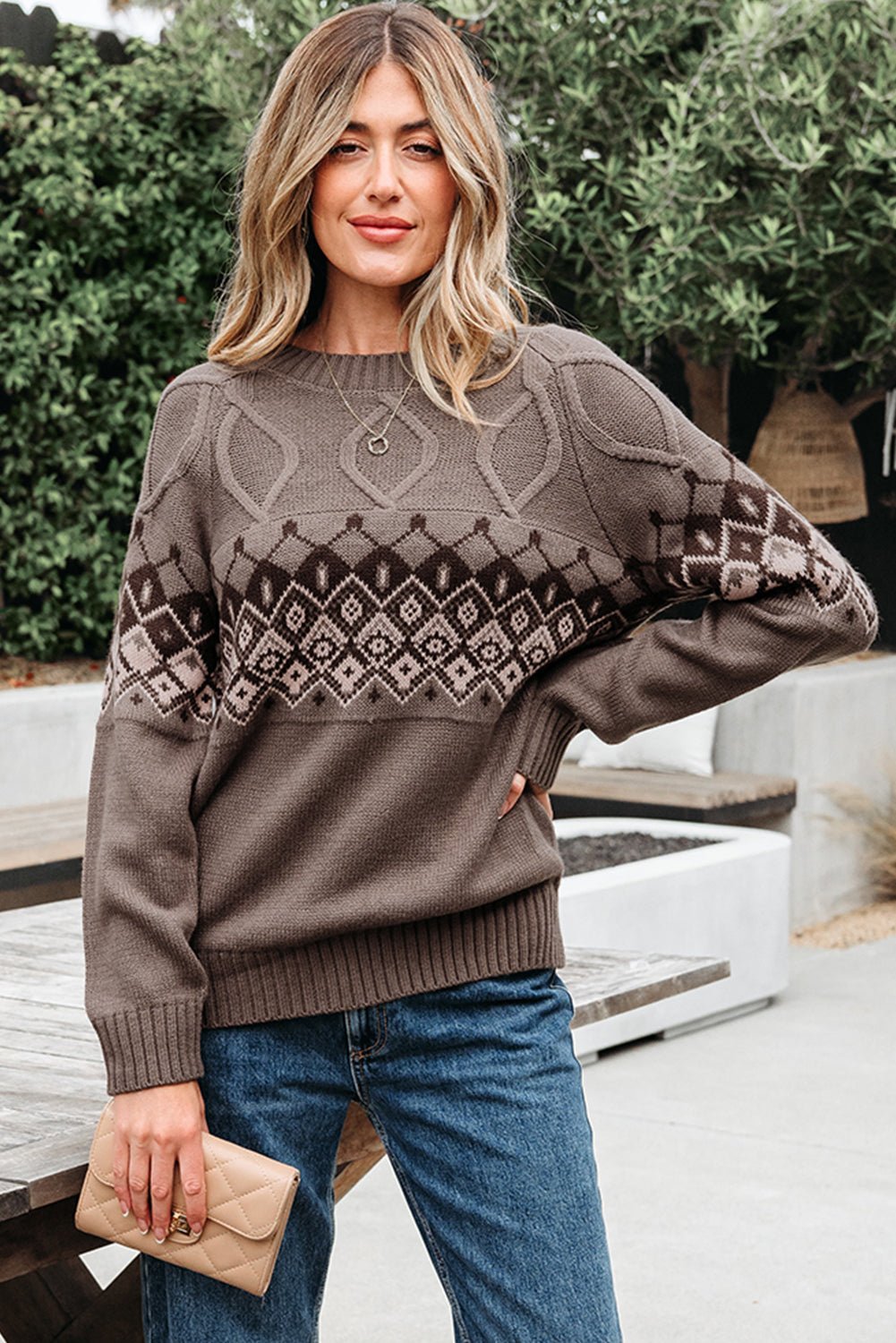 Alana Western Geometric Patterned Crew Neck Knitted Sweater - Rustic Avenue