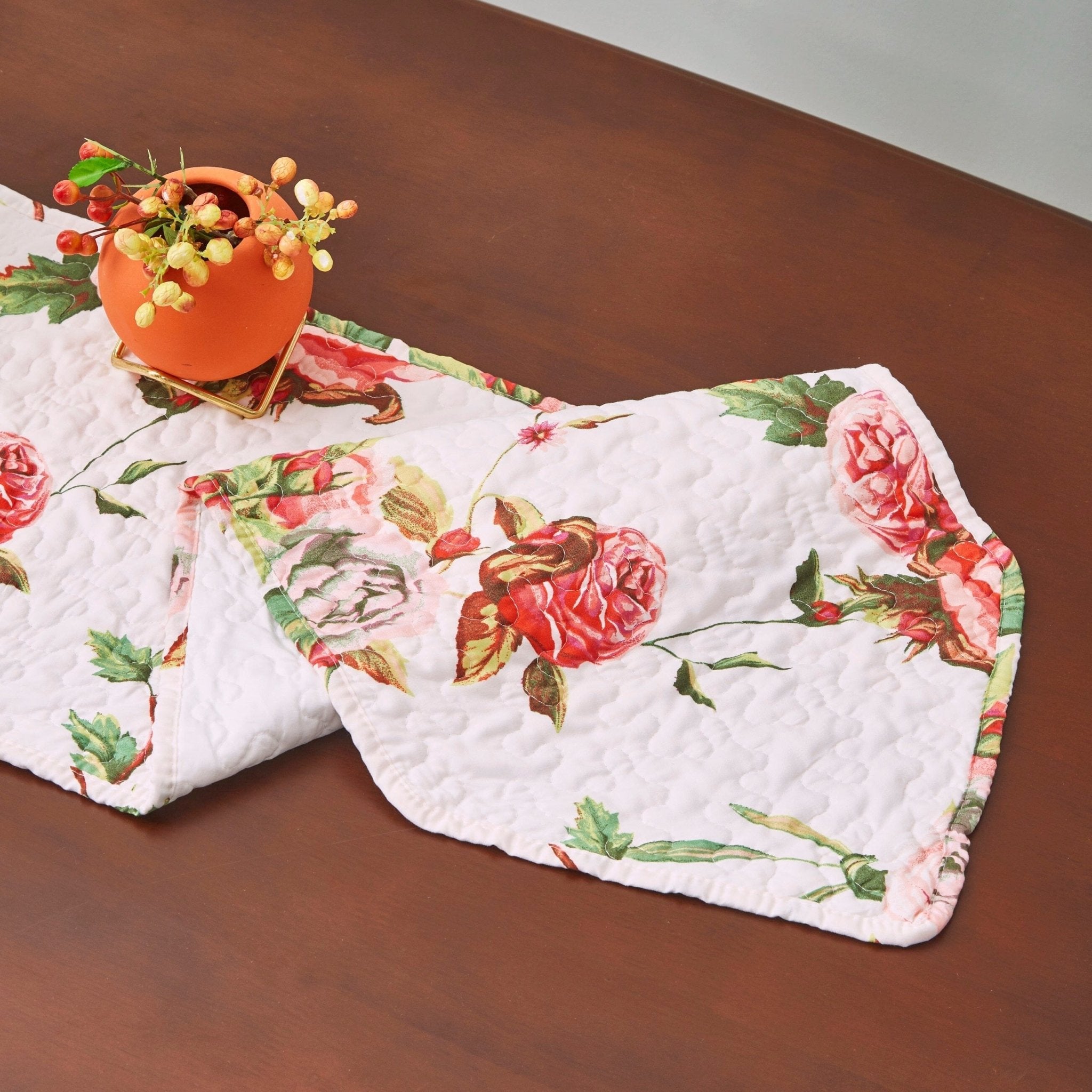 DaDa Bedding Romantic Roses Pink White Lovely Floral Quilted Dining Table Runner (879) - Rustic Avenue