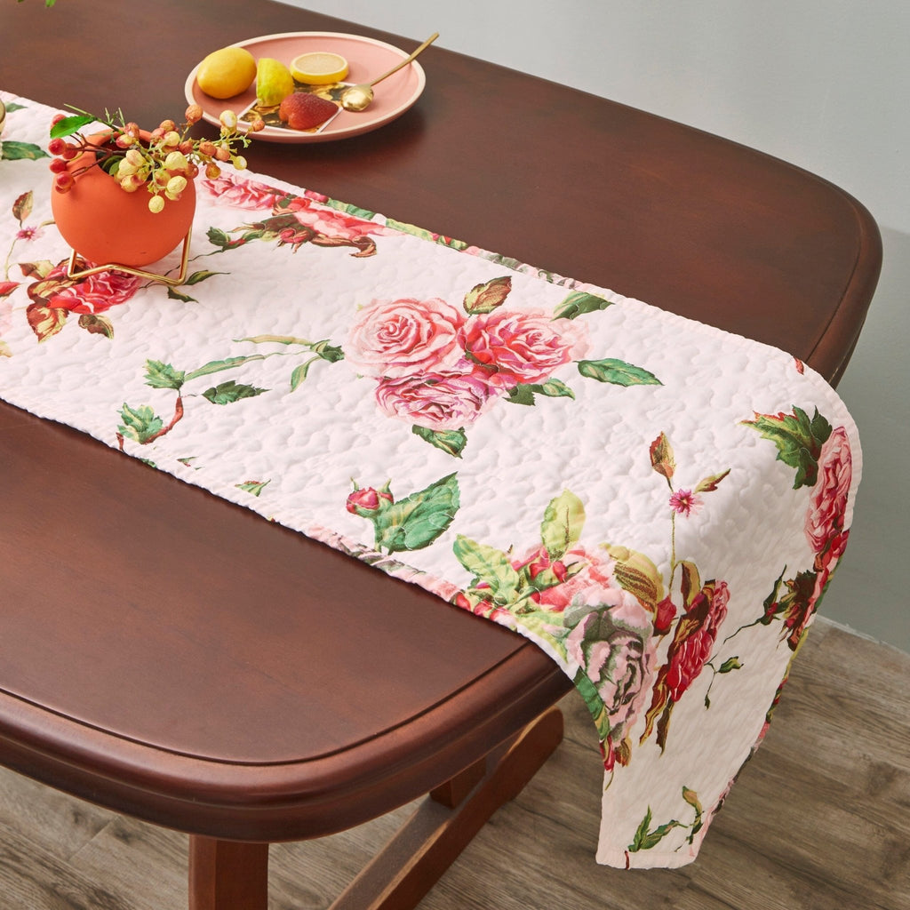 DaDa Bedding Romantic Roses Pink White Lovely Floral Quilted Dining Table Runner (879) - Rustic Avenue