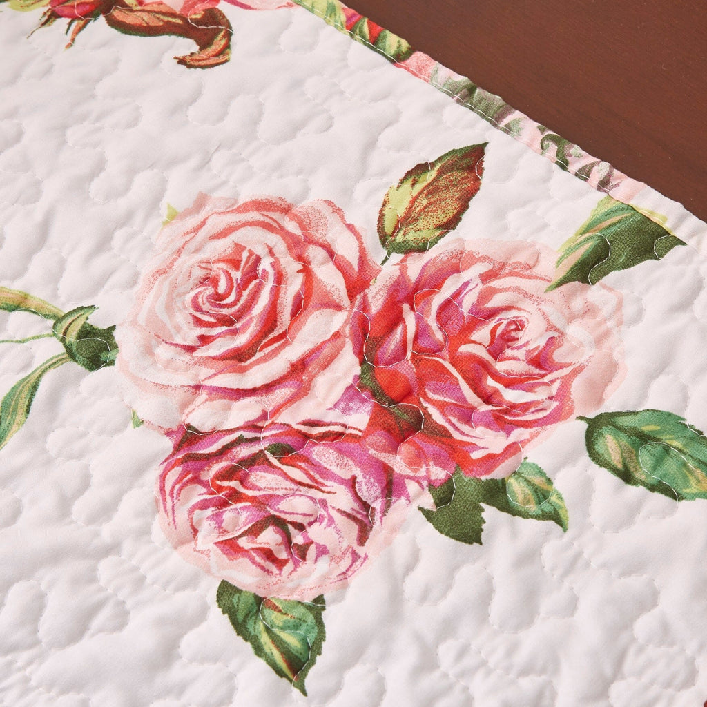 DaDa Bedding Romantic Roses Pink White Lovely Floral Quilted Dining Table Runner (879) - Rustic Avenue