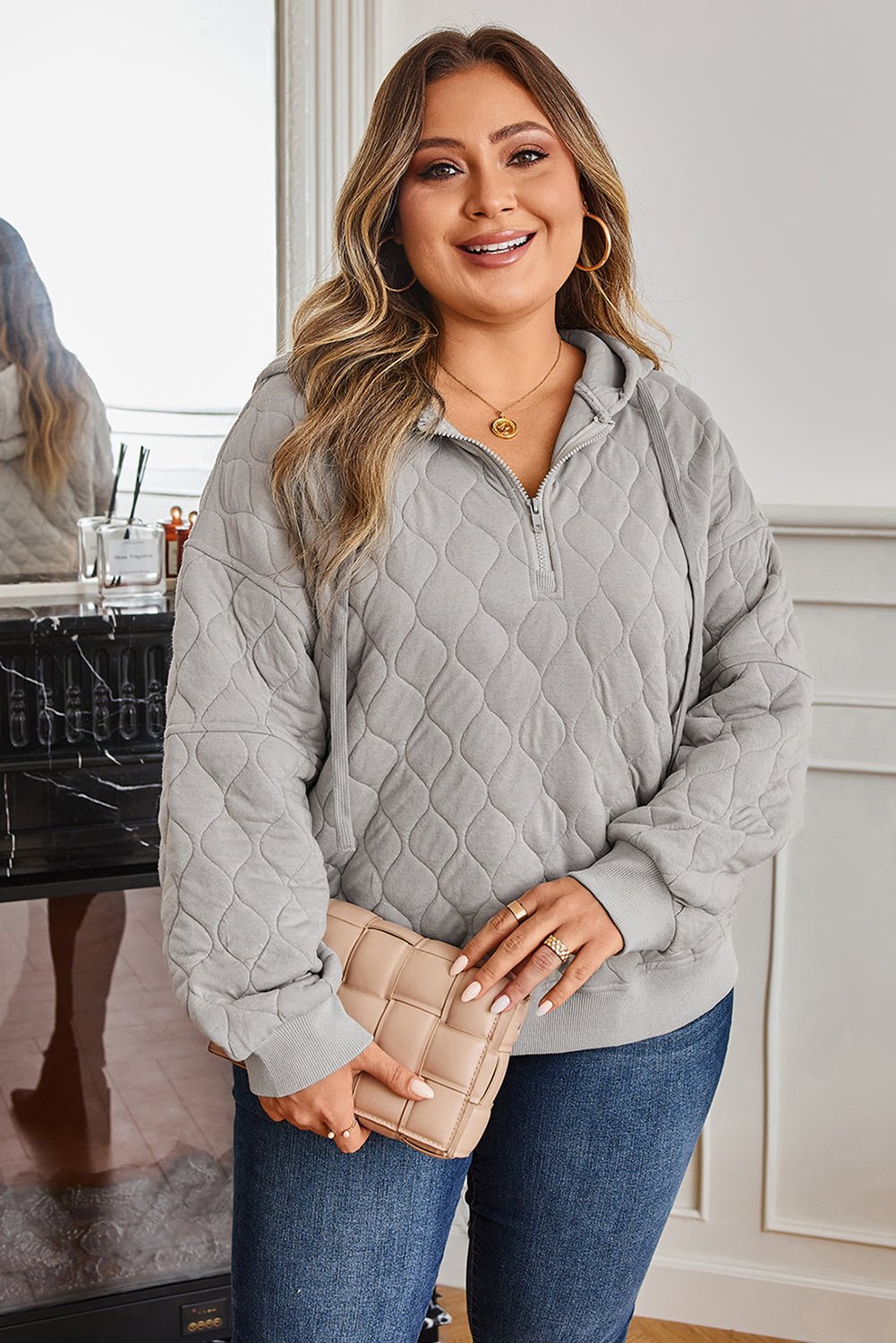 Gray Quilted Quarter Zip Plus Size Hoodie - Rustic Avenue