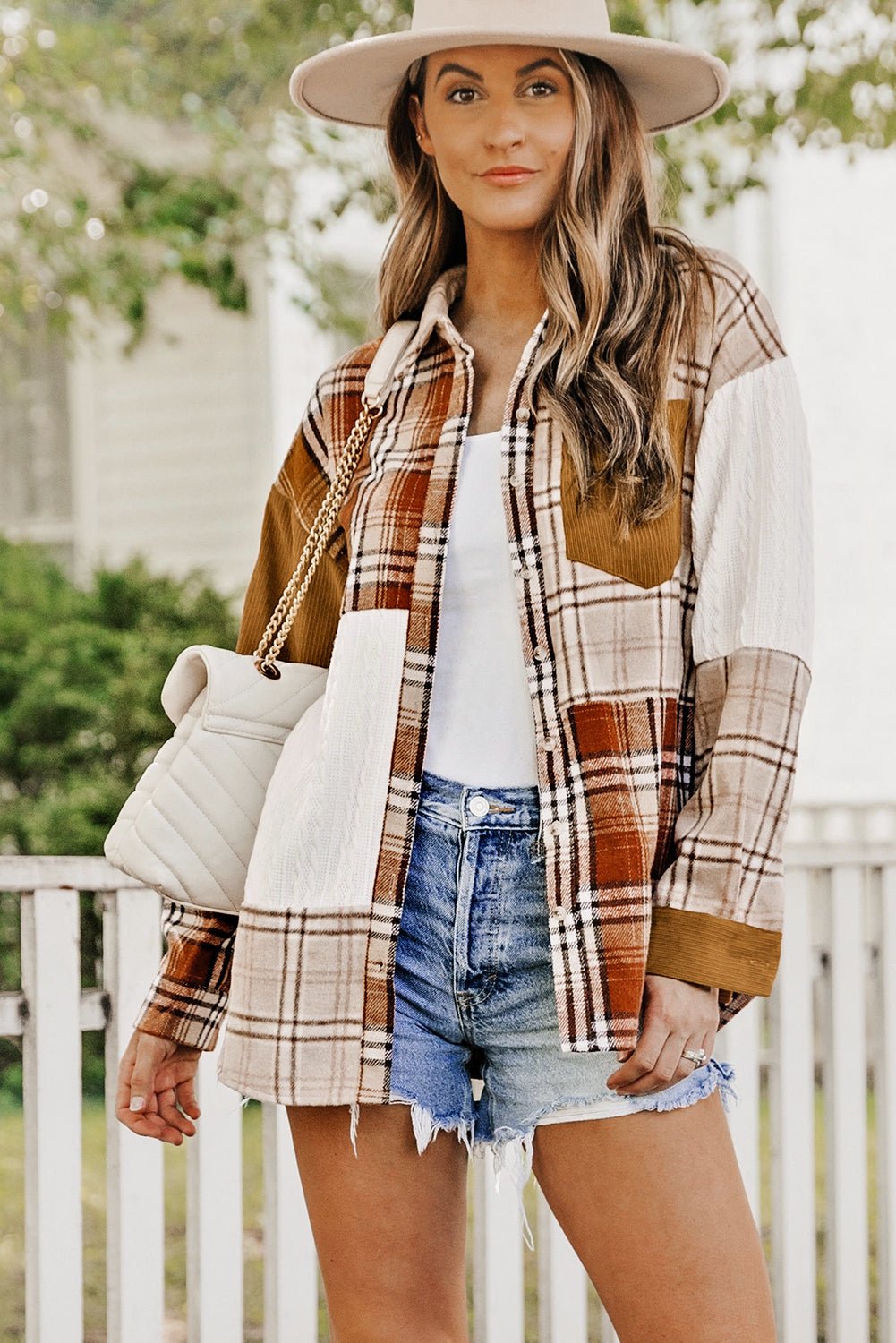 Sutton Plaid Color Block Patchwork Shirt Jacket with Pocket - Rustic Avenue