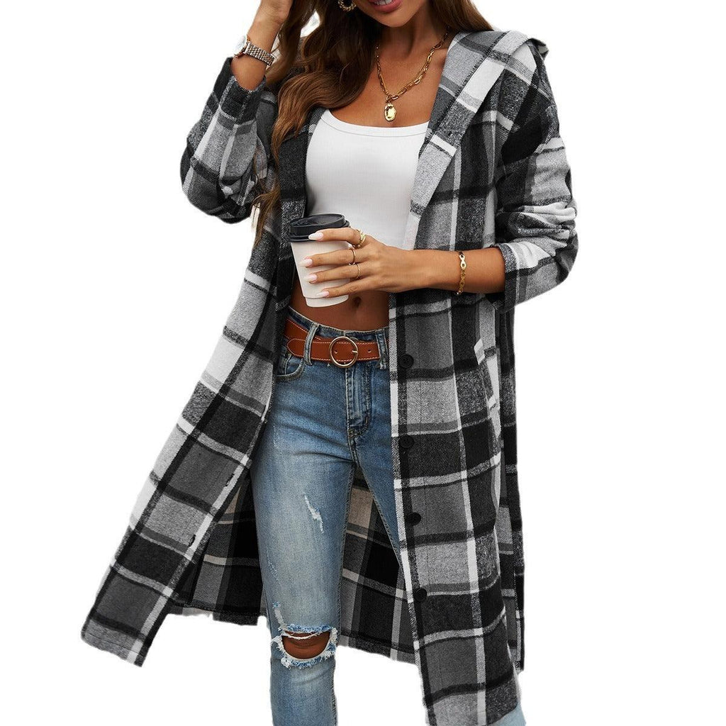 Contrasting Color Hooded Jacket – Stylish Cowgirl Outerwear with Checkered Pattern - Rustic Avenue