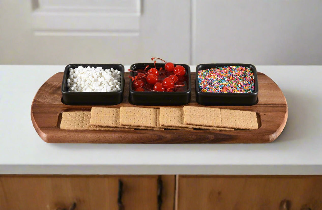 Charcuterie / Serving Tray w/ 3 Square Ceramic Bowls - Rustic Avenue