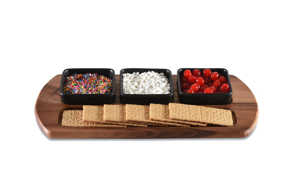 Charcuterie / Serving Tray w/ 3 Square Ceramic Bowls - Rustic Avenue