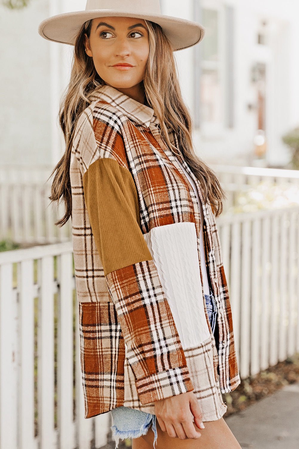 Sutton Plaid Color Block Patchwork Shirt Jacket with Pocket - Rustic Avenue