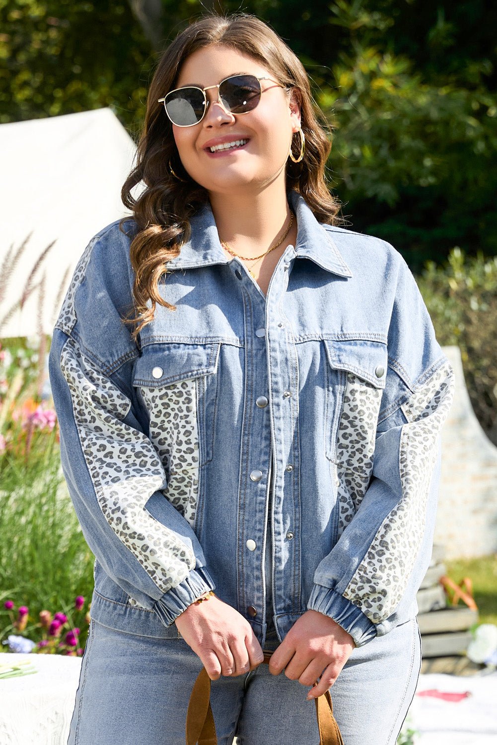 Miriam Plus Size Leopard Patchwork Denim Jacket - Rustic Avenue