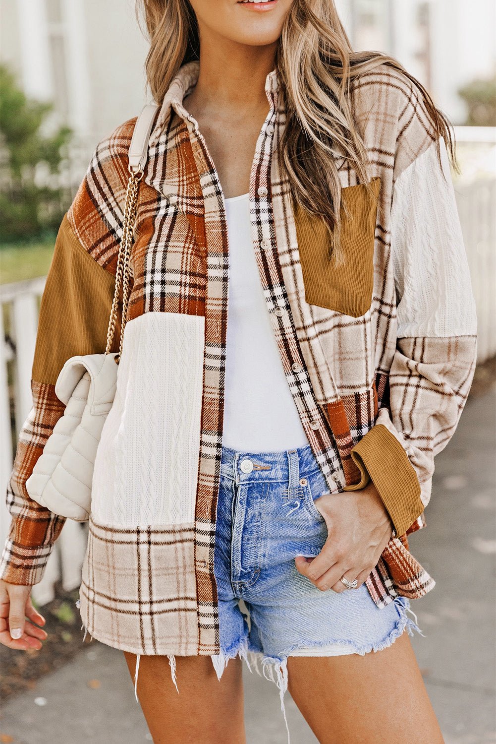 Sutton Plaid Color Block Patchwork Shirt Jacket with Pocket - Rustic Avenue