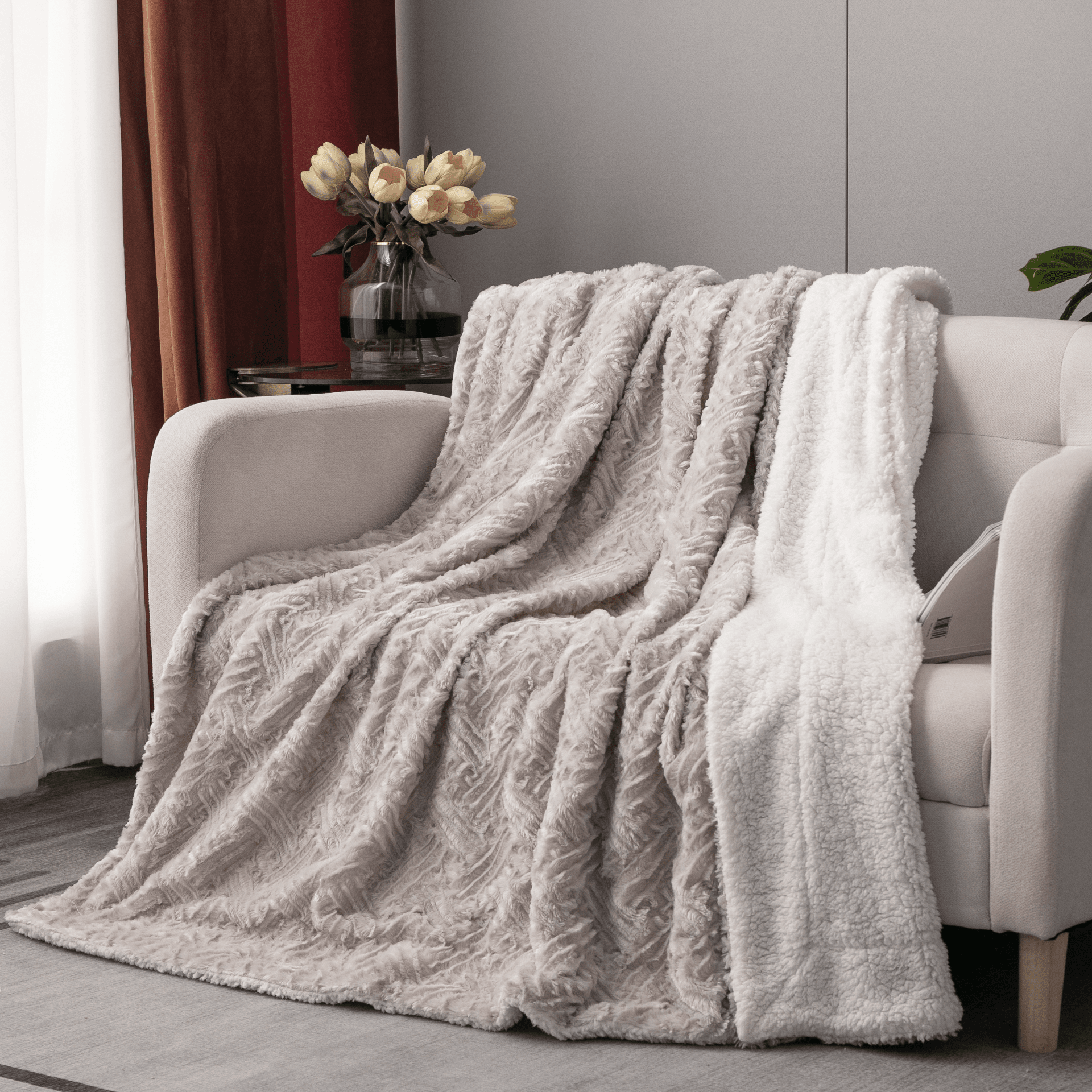 DaDalogy Bedding Lavender Grey Faux Fur Throw Blanket - Dreamy Geometric Embossed Sherpa Backside - Super Soft Warm Cozy Plush Fluffy - Rustic Avenue