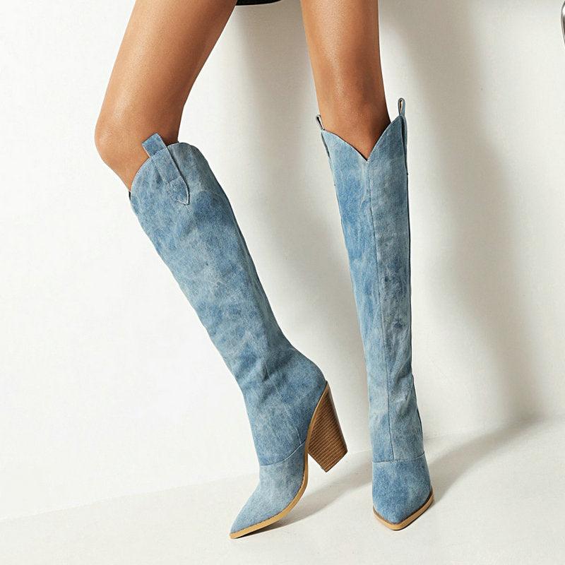 Tie Dye Denim Knee - High Cowgirl Boots - Rustic Avenue