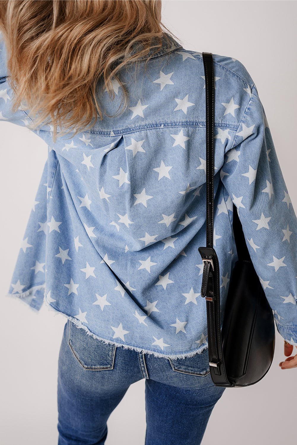Star Light Wash Raw Hem Denim Jacket - Rustic Avenue