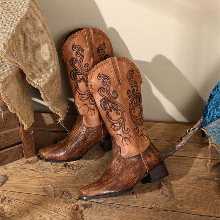 Rustic Western Braided Boots – Retro Cowboy Style with Snakeskin Detailing - Rustic Avenue
