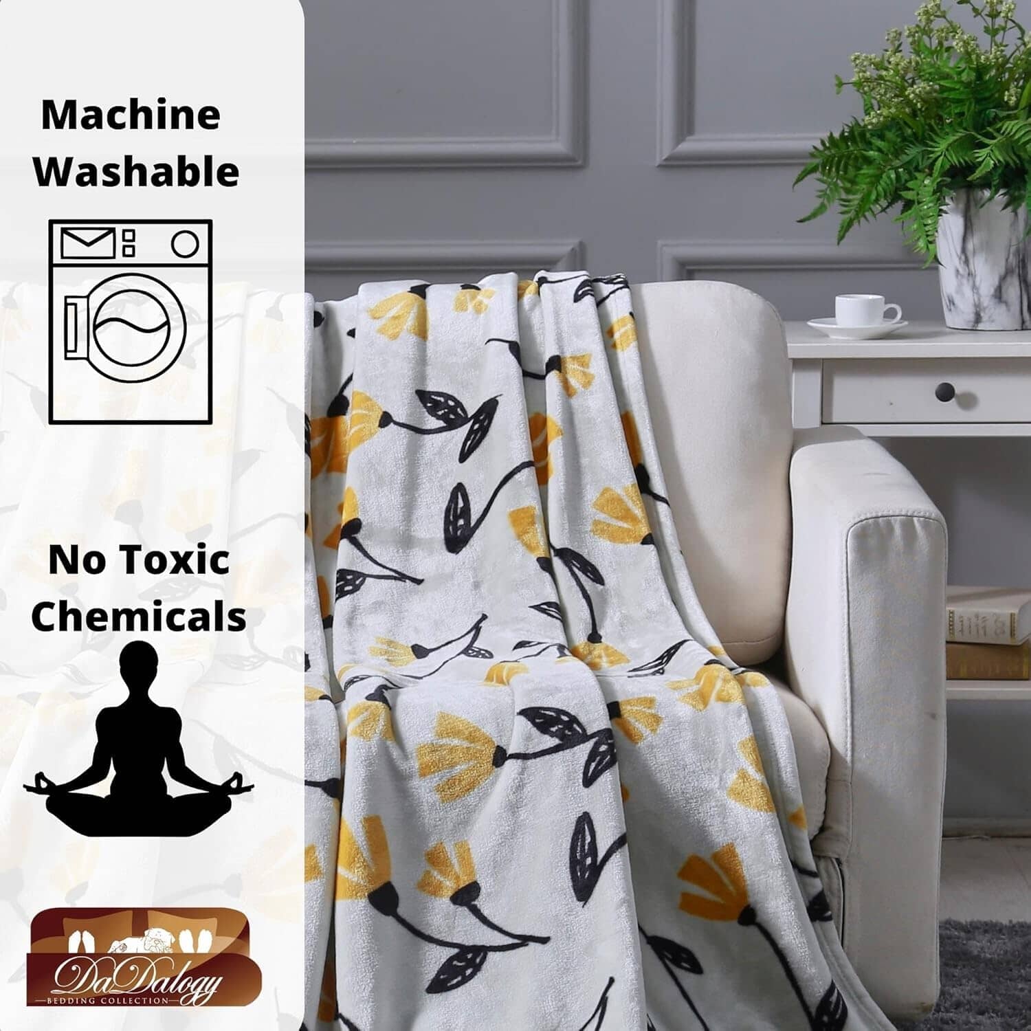 DaDa Bedding Soft Lightweight Fleece Throw Blanket, Yellow Fleur Floral Golden Orange Silver/Grey Background (XY1011) - Rustic Avenue