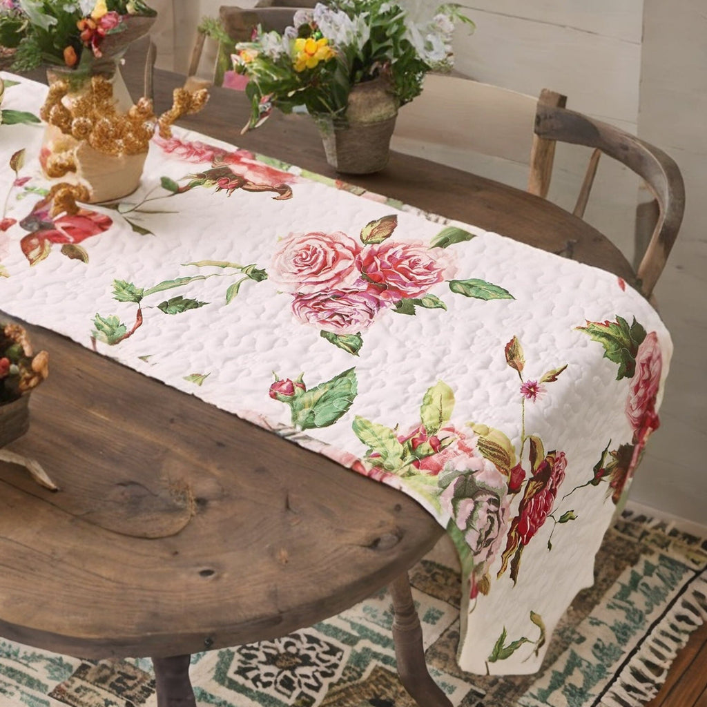 DaDa Bedding Romantic Roses Pink White Lovely Floral Quilted Dining Table Runner (879) - Rustic Avenue