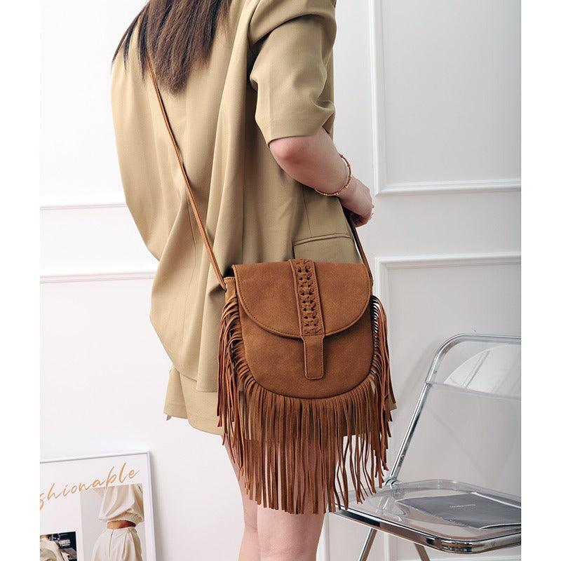 Dakota Tasseled Boho Leather Bag - Trendy Large Tassel Shoulder Bag - Rustic Avenue