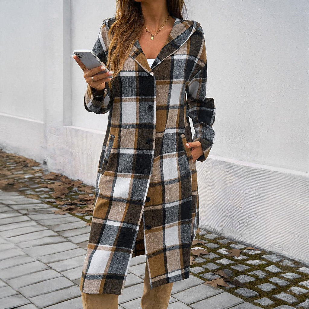 Contrasting Color Hooded Jacket – Stylish Cowgirl Outerwear with Checkered Pattern - Rustic Avenue
