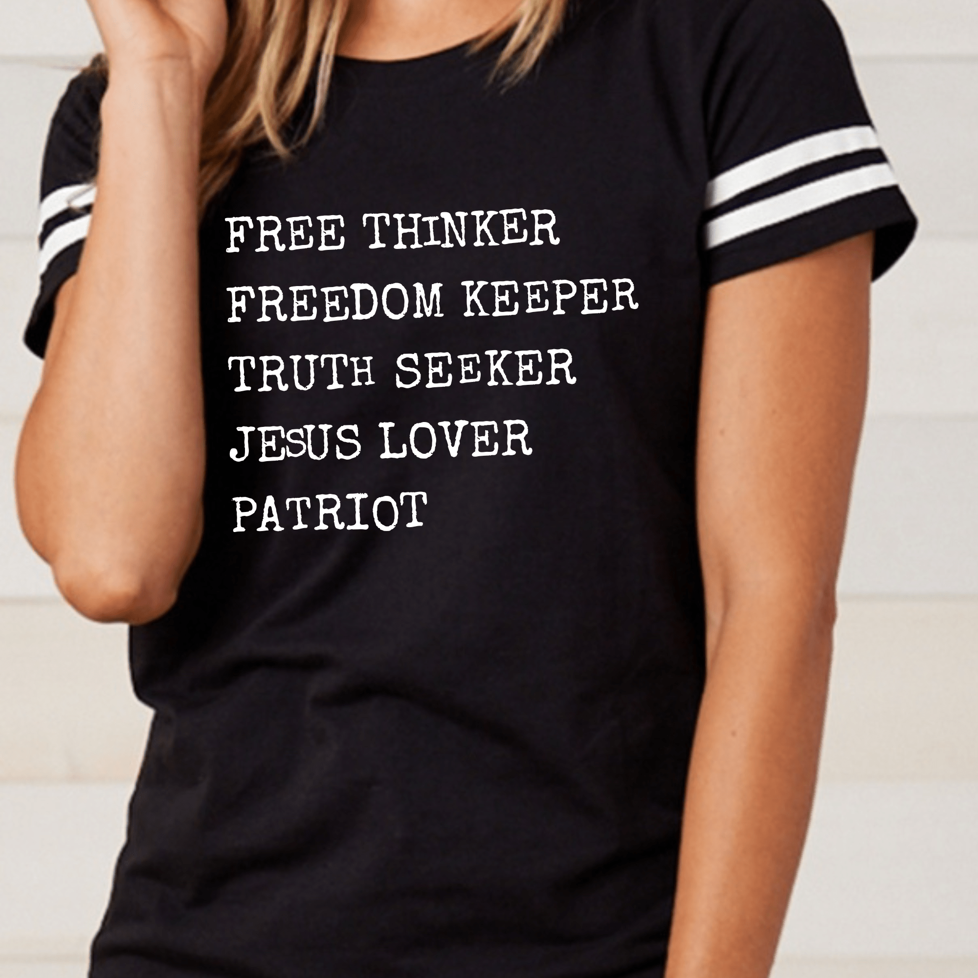 Free Thinker Freedom Keeper Truth Seeker Jesus Lover Patriot | Enza 14579 T-shirt | Teacher Shirt | Stylish Trendy Apparel - Rustic Avenue