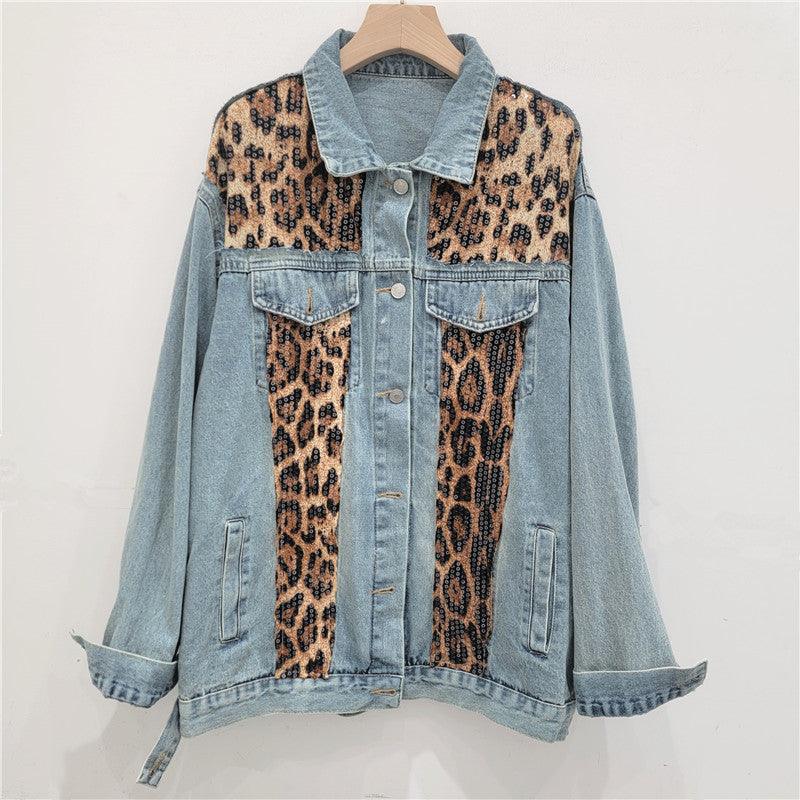 Wild Leopard Denim Jacket Top – Stylish Cowgirl Fashion with Leopard Print and Sequins - Rustic Avenue