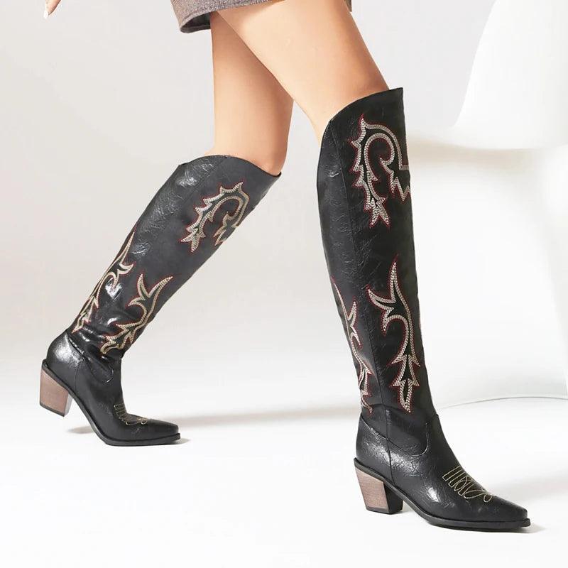 Western Allure High Heel Over the Knee Boots - Embellished Cowboy Style - Rustic Avenue