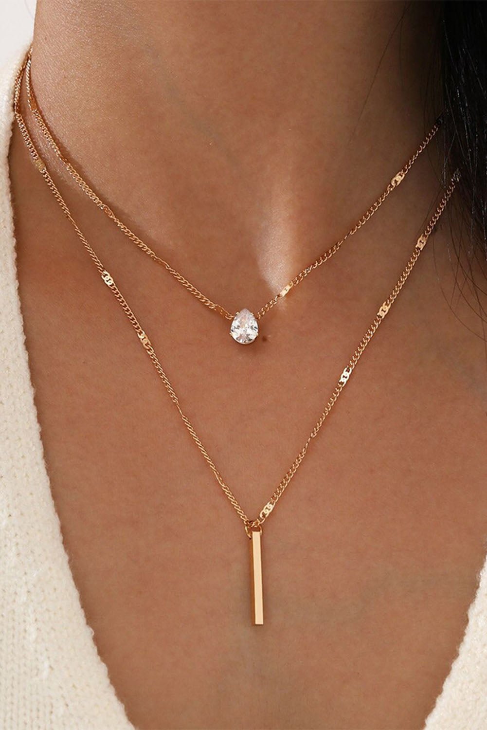 Gold Layered Rhinestone Pendant Necklace - Rustic Avenue