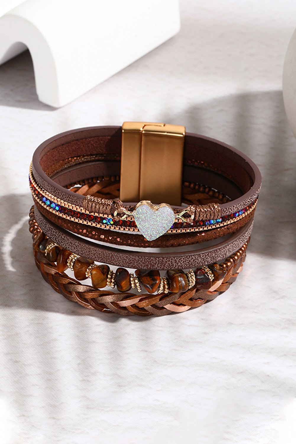 Brown Glittering Heart Accent Multi - layer Vintage Bracelet - Rustic Avenue