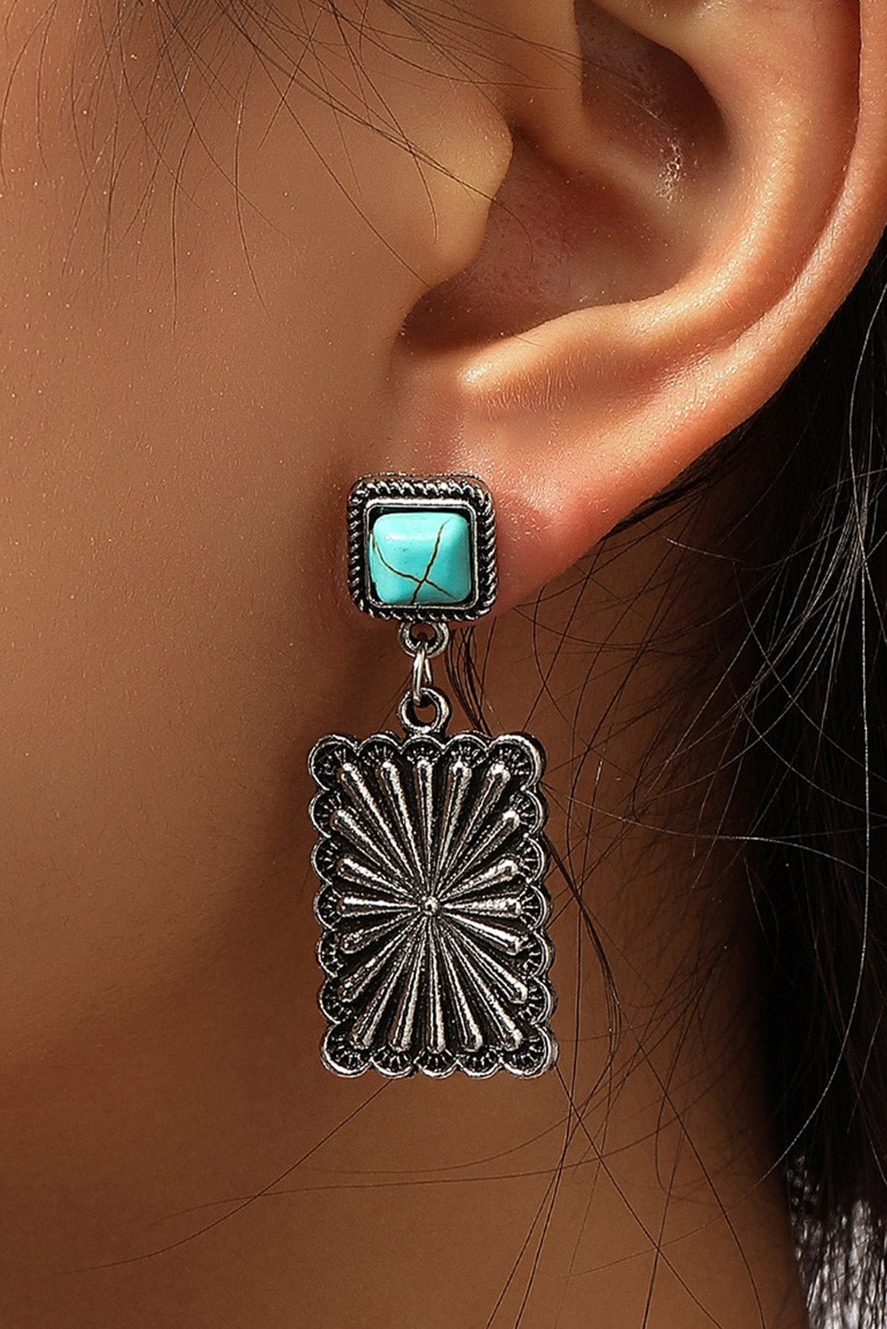 Silvery Retro Western Geometric Turquoise Stud Earrings - Rustic Avenue