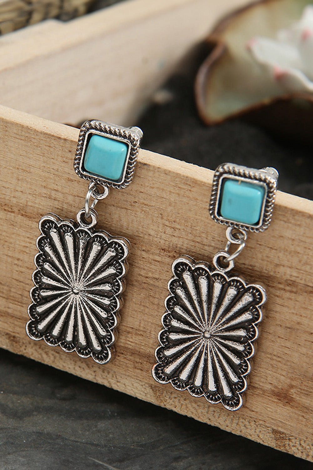 Silvery Retro Western Geometric Turquoise Stud Earrings - Rustic Avenue