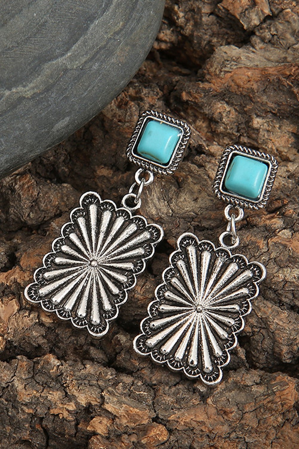 Silvery Retro Western Geometric Turquoise Stud Earrings - Rustic Avenue