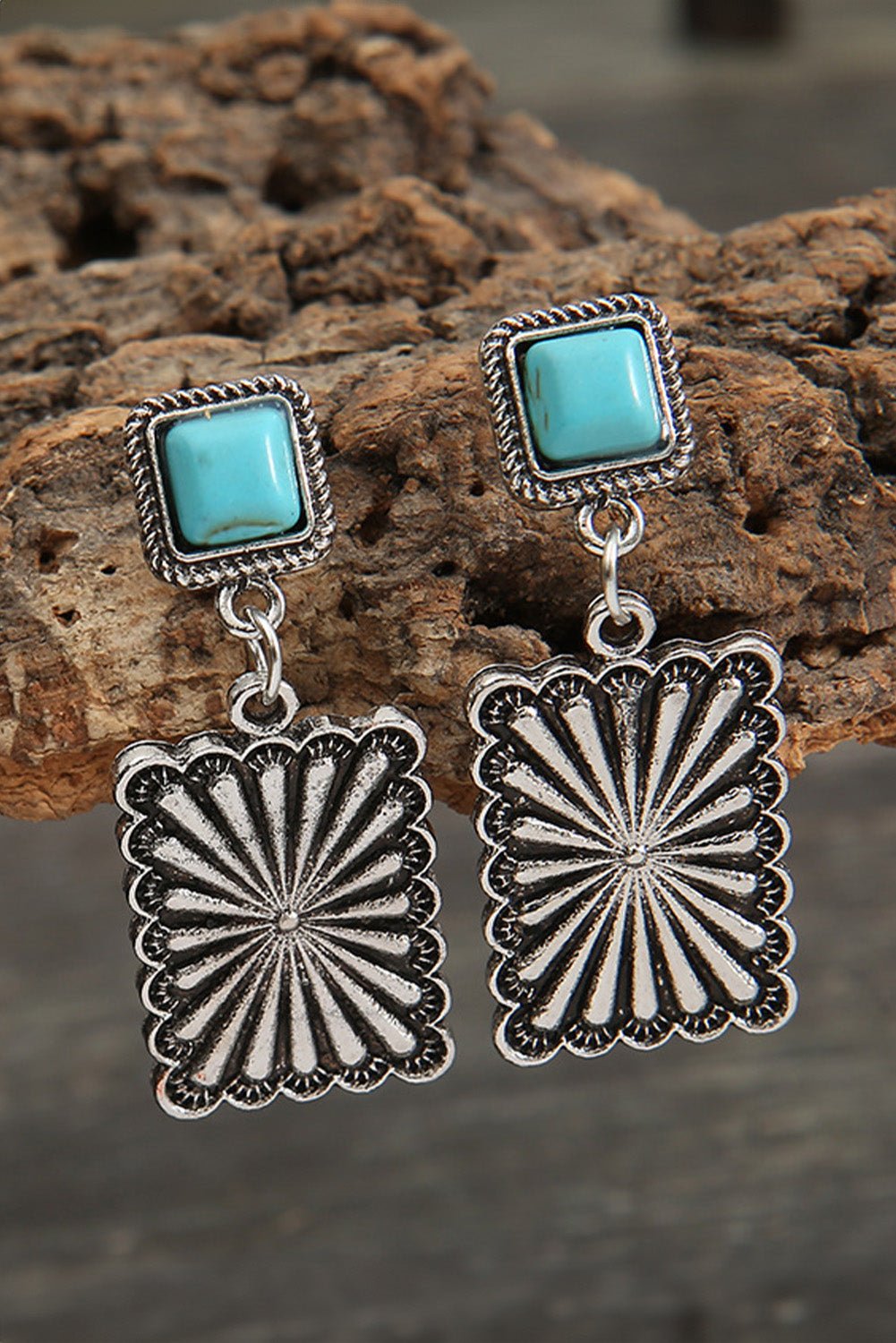 Silvery Retro Western Geometric Turquoise Stud Earrings - Rustic Avenue