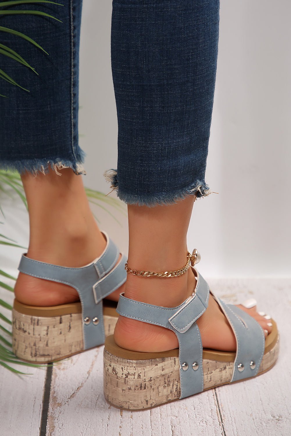 Hollow Out Velcro Leather Wedge Sandals - Rustic Avenue
