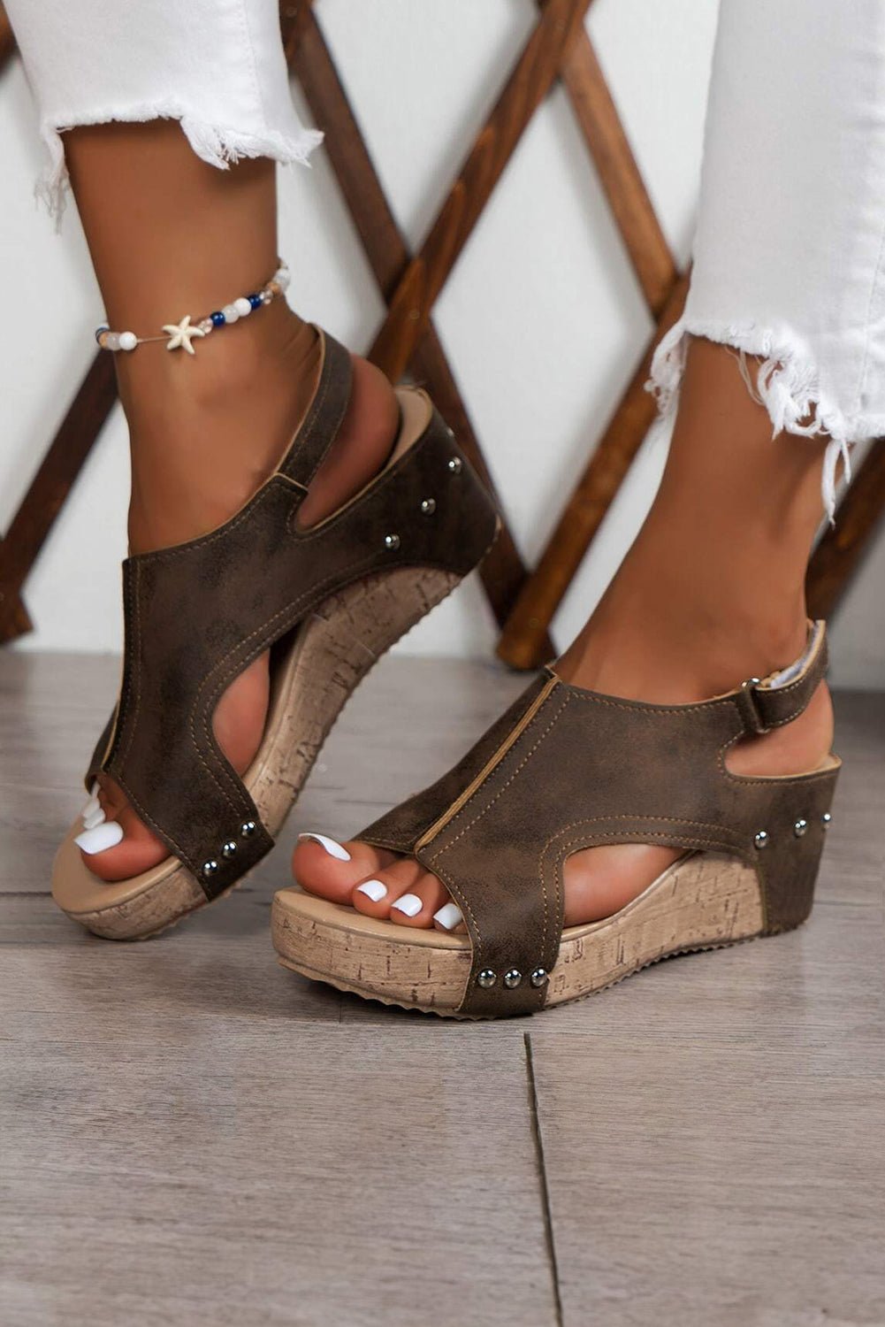 Eleanor Studded Cut Out Wedge Sandals - Rustic Avenue