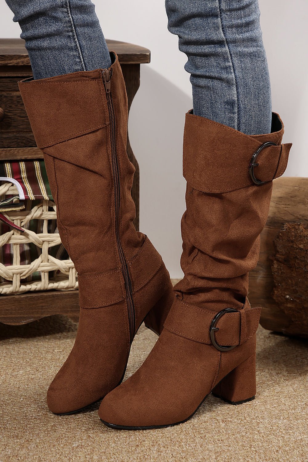 Suede Double Buckled Side Zipped Mid - calf Boots - Rustic Avenue