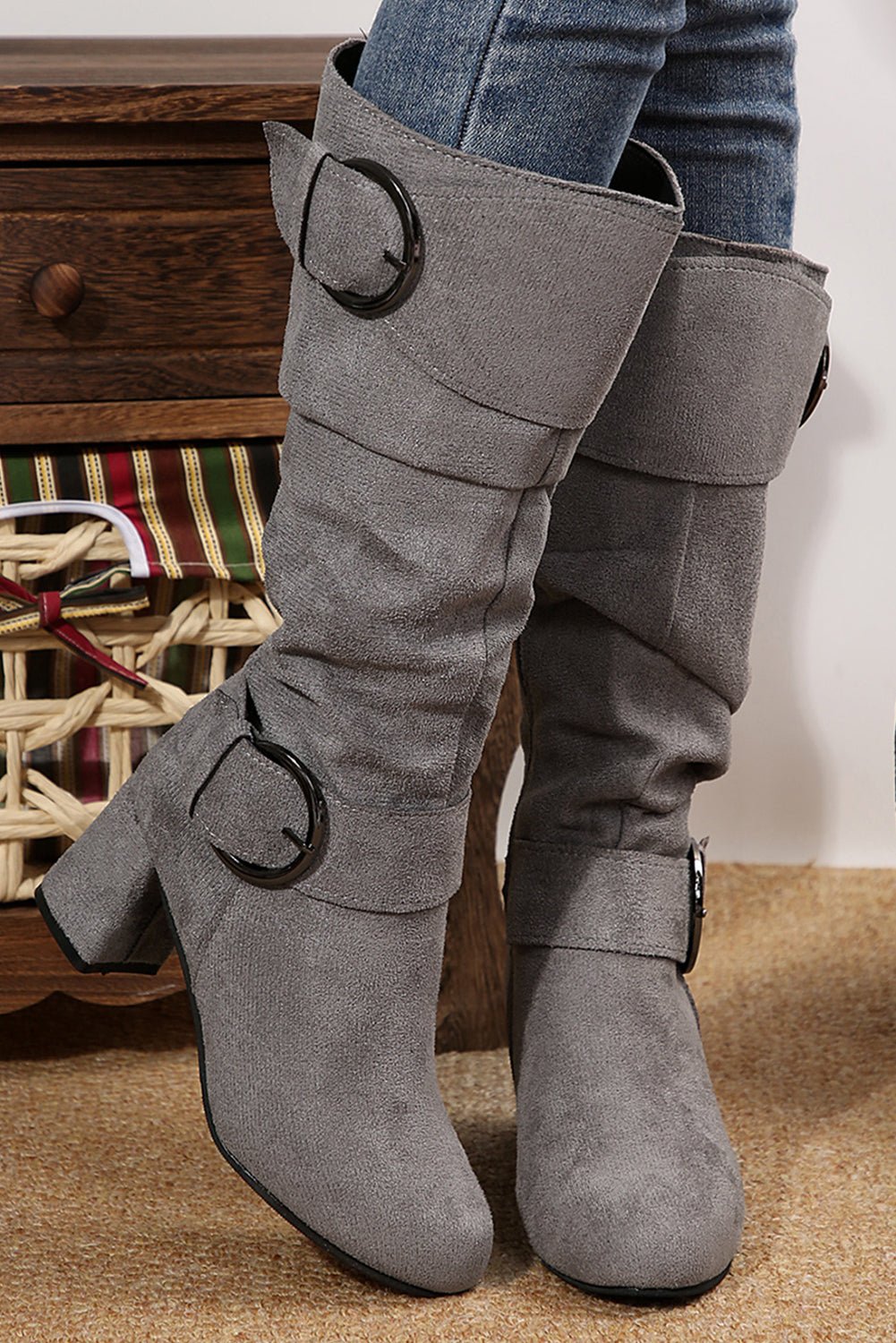 Suede Double Buckled Side Zipped Mid - calf Boots - Rustic Avenue