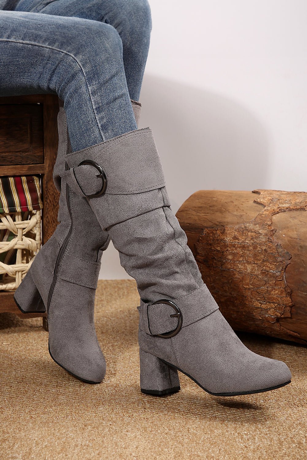 Suede Double Buckled Side Zipped Mid - calf Boots - Rustic Avenue