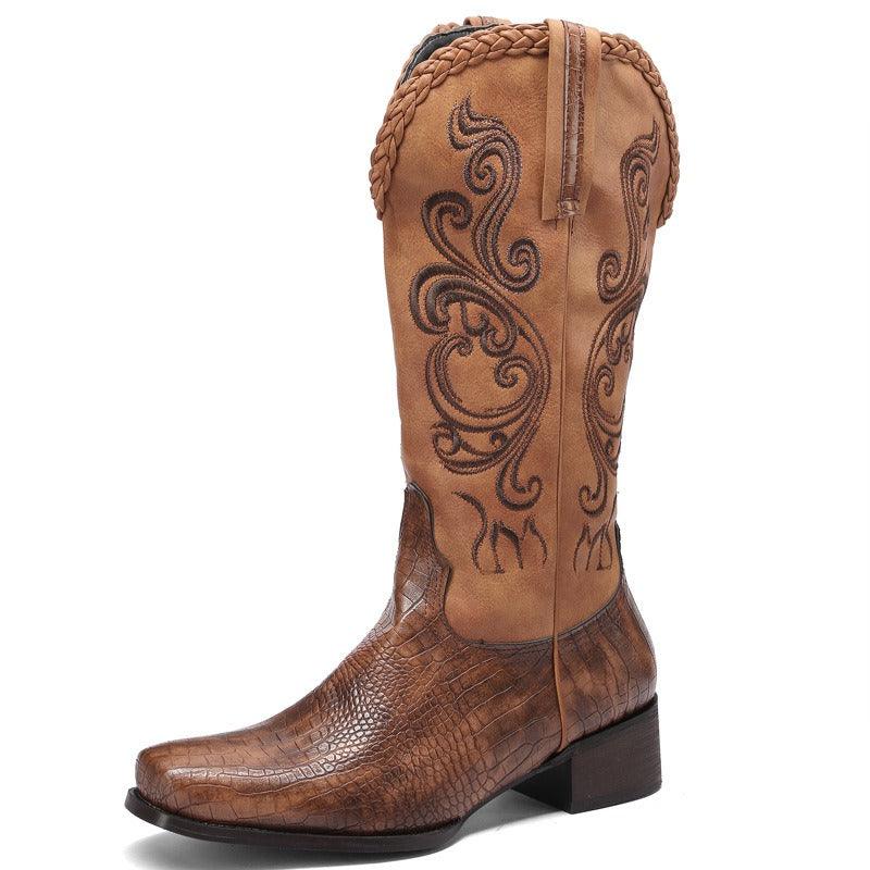 Rustic Western Braided Boots – Retro Cowboy Style with Snakeskin Detailing - Rustic Avenue