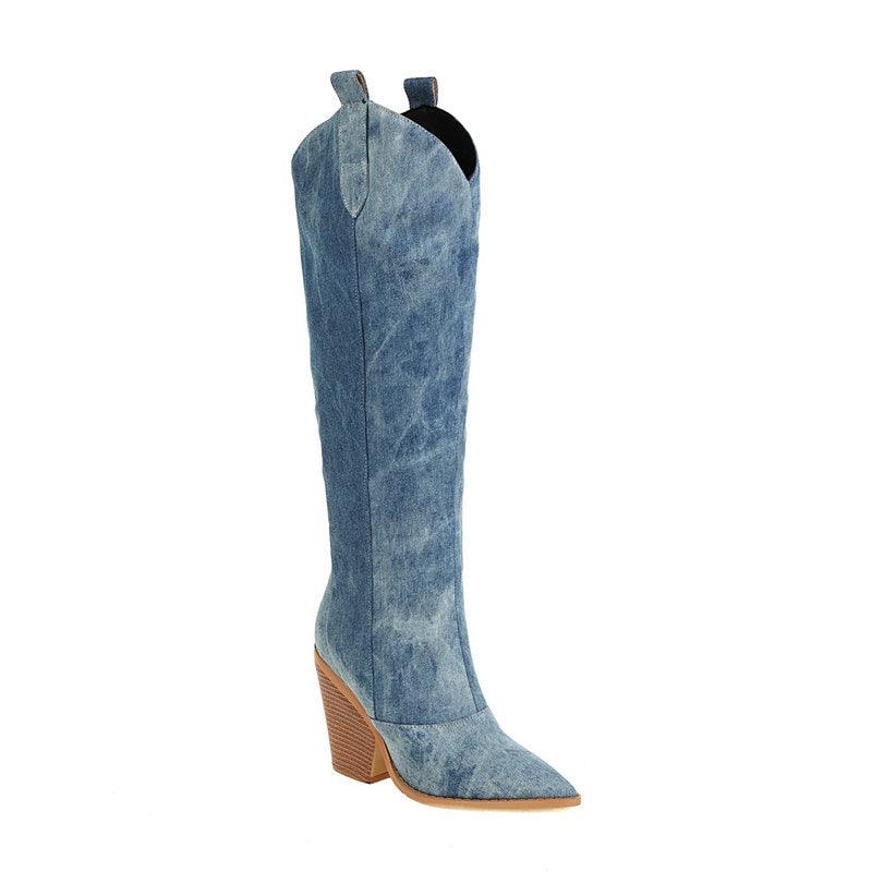 Tie Dye Denim Knee - High Cowgirl Boots - Rustic Avenue