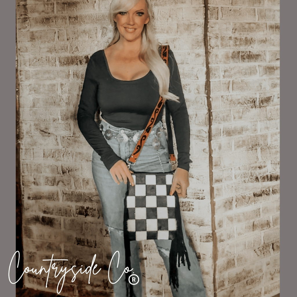 Stockyard Checkered Cowhide Fringe Purse - Rustic Avenue