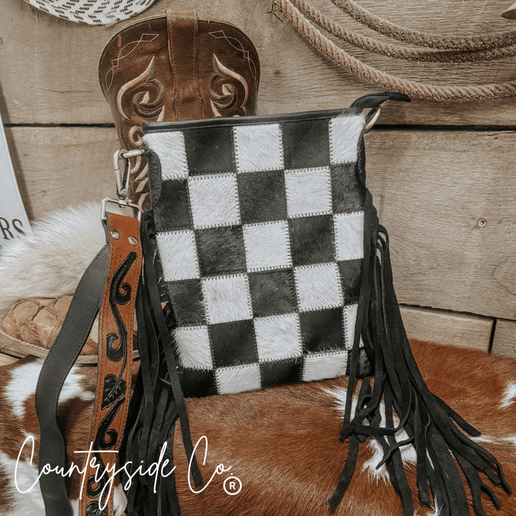 Stockyard Checkered Cowhide Fringe Purse - Rustic Avenue