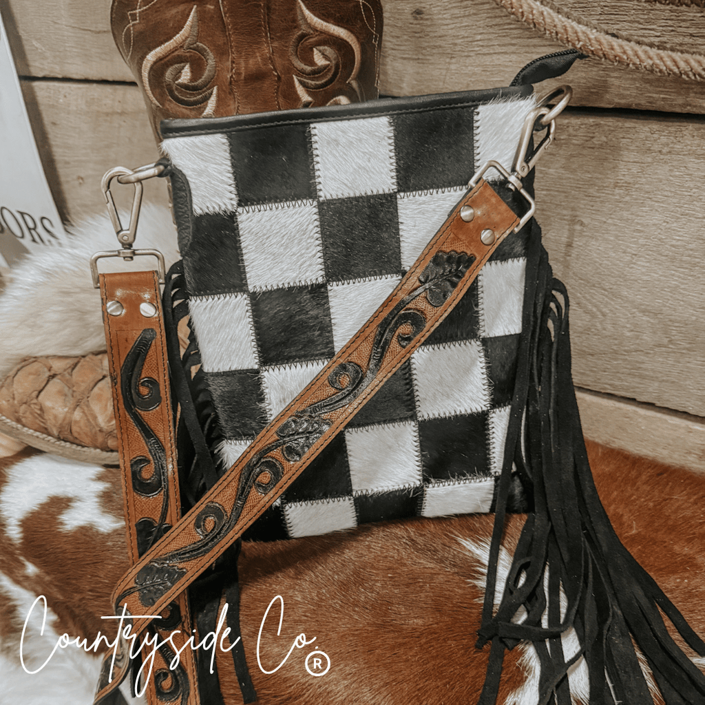 Stockyard Checkered Cowhide Fringe Purse - Rustic Avenue