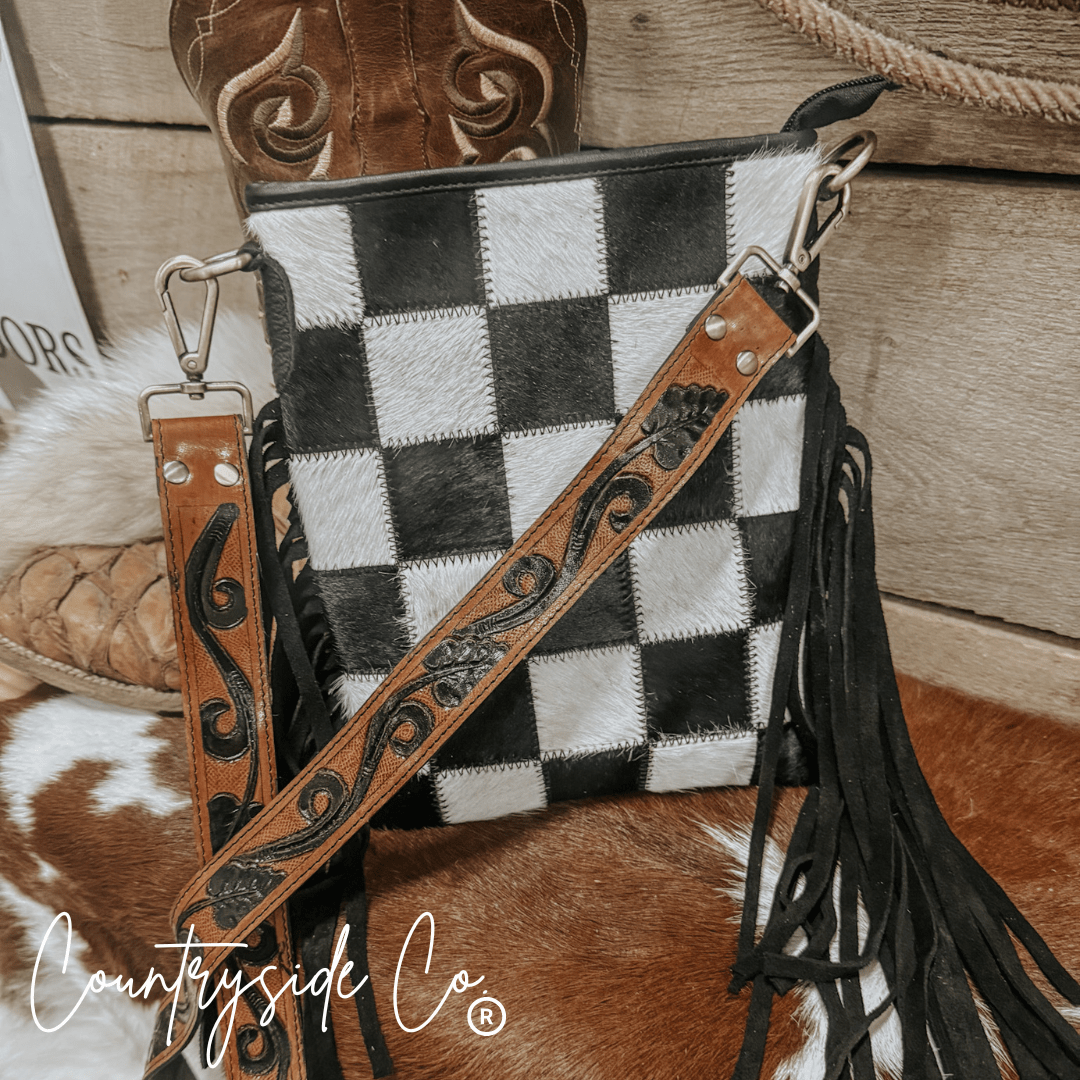 Stockyard Checkered Cowhide Fringe Purse - Rustic Avenue